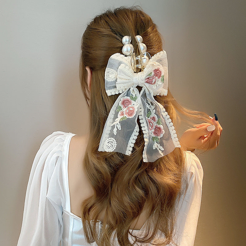 Floral Lace Bow Claw Clip