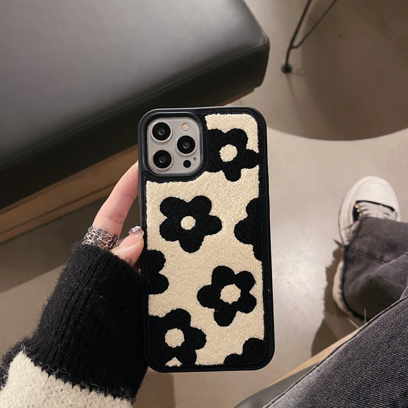 Floral Noir Plush Embroidery iPhone Case | Cute & Trendy Phone Cases Black & White / iPhone 13promax Floral Noir Plush Embroidery iPhone Case | Cute & Trendy Phone Cases Black & White / iPhone 13promax
