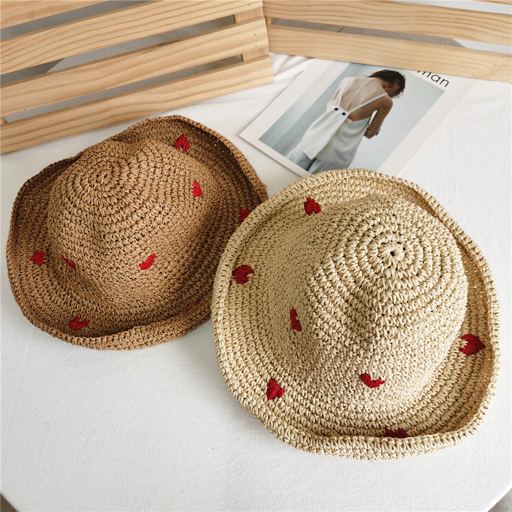 Straw Embroidery Heart Hat