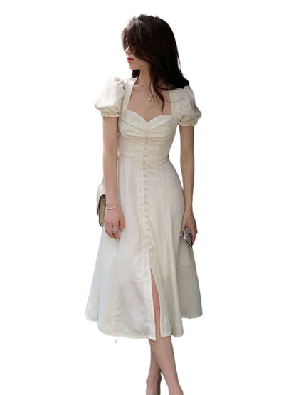 White Bubble Sleeve Maxi Dress