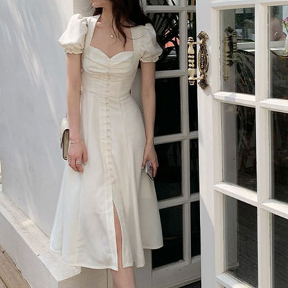 White Square Neck Bubble Sleeve Maxi Dress - Elegant White Dress XL White Square Neck Bubble Sleeve Maxi Dress - Elegant White Dress XL