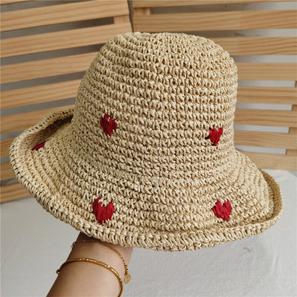 Straw Embroidery Heart Hat