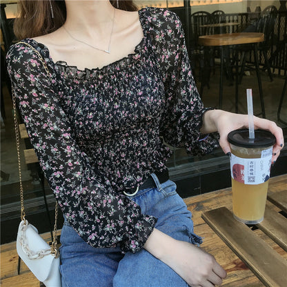 Pleated Floral Chiffon Blouse