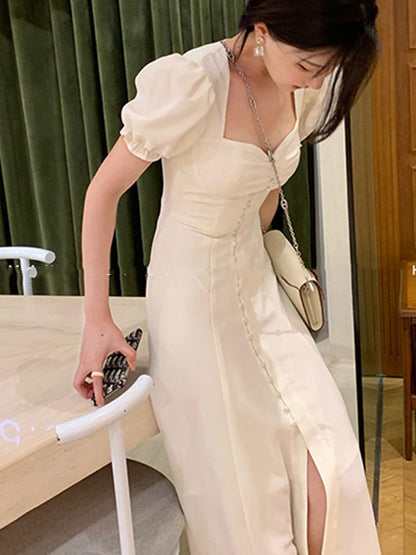 White Bubble Sleeve Maxi Dress